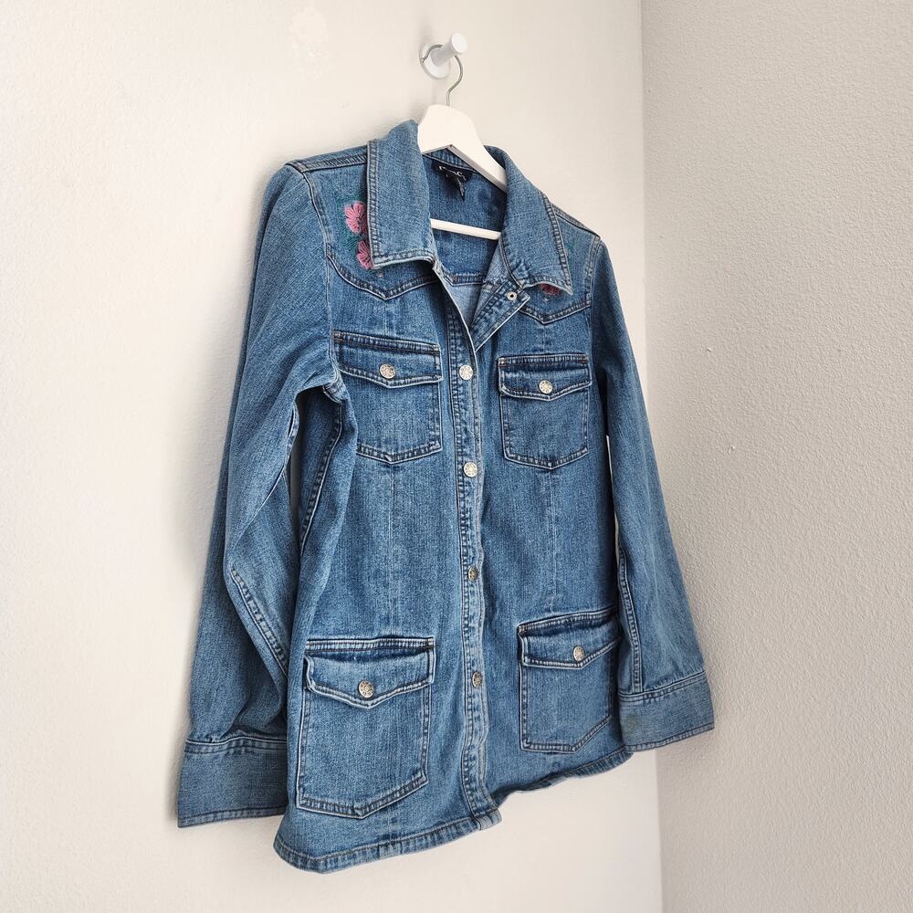 Vintage Y2K Denim & Co Embroidered Floral Barn Jacket Style Denim Jacket M - Picture 2 of 9